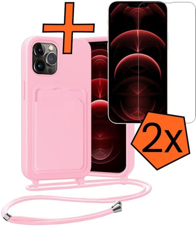 Hoesje Geschikt voor iPhone 13 Pro Hoesje Met Telefoonketting Pasjeshouder Case Met 2x Screenprotector Koord - Hoesje Geschikt voor iPhone 13 Pro Hoes Met Kaarthouder - Lichtroze