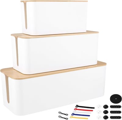 Kabelopbergdoos Set van 3 - Witte Kabelmanagement Boxen met Bamboe Deksel voor Kabelorganisatie en Opslag, Geschikt voor Grote, Middelgrote en Kleine Kabels