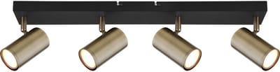 Plafondlamp 4 vlammen beweegbare spot zwart met verstelbare spots, metaal antiek messing, 4x GU10 stopcontact, LxBxH 56x6x12 cm