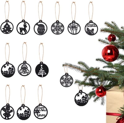 UNUS® Kersthangers rond cadeau engel sneeuwpop 12 stuks set 7 cm zwart