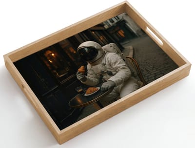 Dienblad hout 50x35 cm - Schootdienblad - Café - Croissant - Koffie - Astronaut - Borrelplank rechthoek - Plateau dienbladen