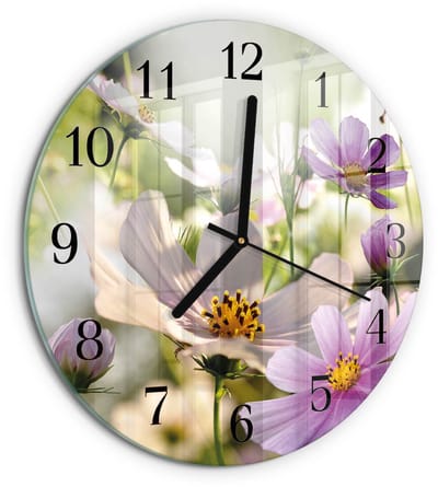 Tulup Wandklok - Cosmosbloemen Gekleurde Glazen Klok - 30fi cm - Roze Glazen Klok Met Print - Zwarte Handen - Ronde Wandklok - Gekleurde Glazen Klok - Glazen Klok Met Print