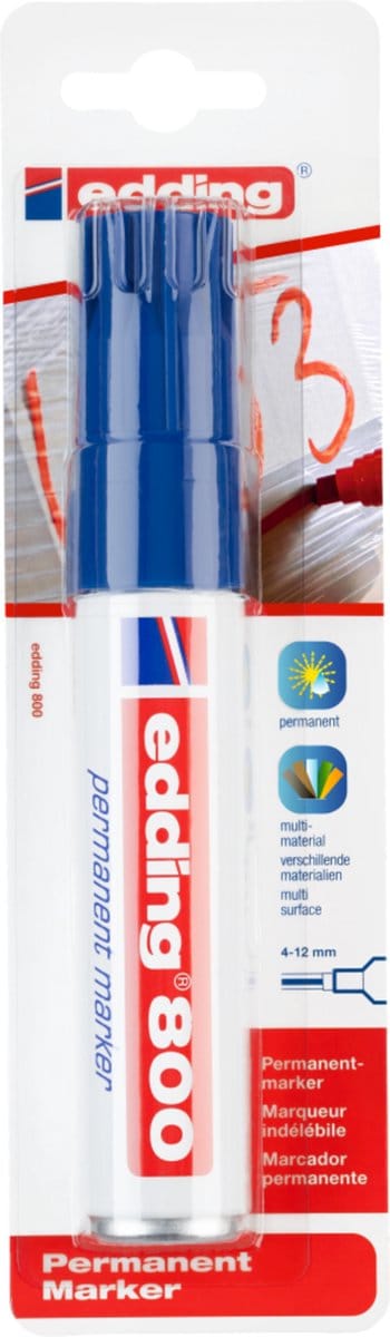 edding 800 permanent marker - blauw - 1 stift - dikke beitelpunt 4-12 mm - water en wrijfvast - voor karton, kunststof, hout, metaal, etc. - alcohol markers voor volwassenen