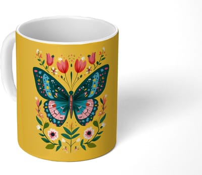 Mok - Koffiemok - Bloemen - Kleurrijk - Vlinder - Sierlijk - Mokken - 350 ML - Beker - Koffiemokken - Theemok