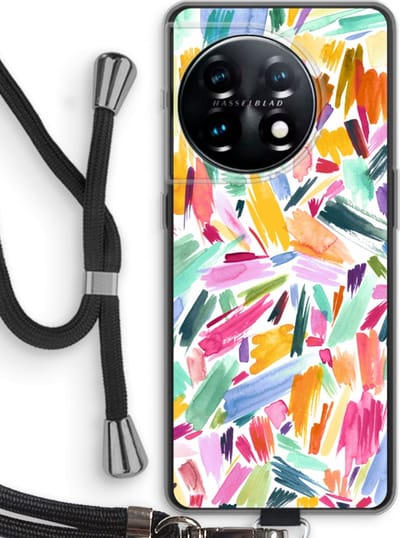 Case Company® - Hoesje met koord geschikt voor OnePlus 11 hoesje met Koord - Watercolor Brushstrokes - Telefoonhoesje met Zwart Koord - Bescherming aan alle Kanten en Over de Schermrand
