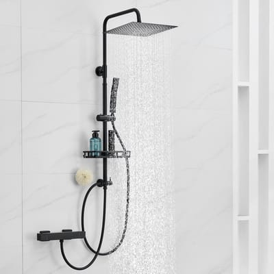 Auralum Max Regendouche met Thermostaatkraan - Doucheset Zwart - 12 inch Douchekop - Regendoucheset - Inclusief thermostaatkraan en Plankje - Verstelbare Hoogte 72-110 cm - Zwart