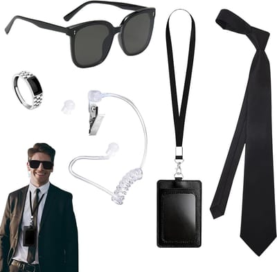 Vijfdelige set met accessoires voor agenten, inclusief zwarte zonnebril, stropdas, oortje en ID-kaarthouder voor mannen en vrouwen, perfect voor verkleedpartijen en themafeesten.