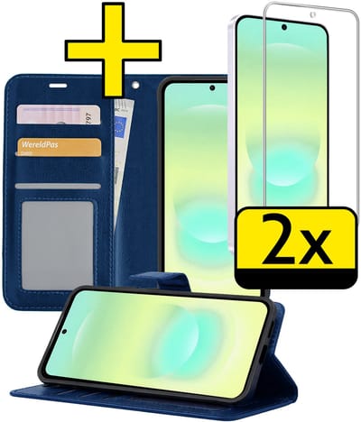 Hoesje - Met 2x Screenprotector - Geschikt voor Samsung Galaxy A37 - Luxe Pasjeshouder - Bookcase Portemonee - Flip Case - Kunstleer Book Case - Flipcase Hoes - Book Cover - Walletcase - Portemonneehoes - Telefoonhoesjes - Donkerblauw