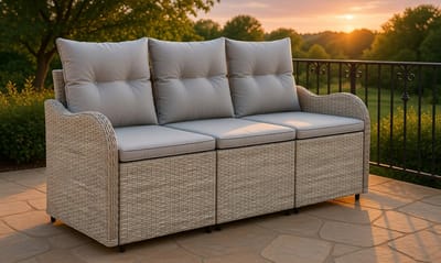 Rotan tuinbank loungeset 3-delig modulair – 176×62×85 cm – wicker tuinset met opbergruimte & kussens – weerbestendig polyrotan sofa set voor balkon, terras & tuin – Beige And Light Grey– Urbanhome