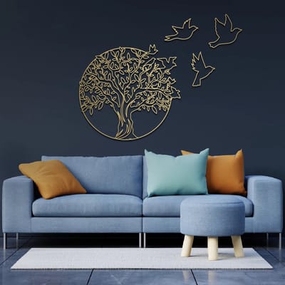Prachtige handgemaakte levensboom met losse vogels smalle variant! 82x82cm Goud