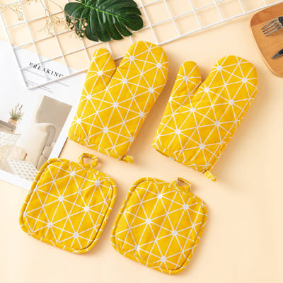 Ovenwanten en pannenlappen, barbecuehandschoenen, -ovenwanten en pannenlappen met gerecyclede vulling, katoenen antislip kookhandschoenen voor koken, bakken, grillen (6-delige set, geel)