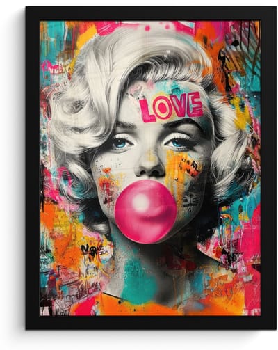 Poster in lijst - Fotolijst 30x40 cm - Posters - Vrouw - Kauwgom - Graffiti - Neonkleuren - Posterlijst zwart - Decoratie - Wanddecoratie woonkamer - Muurdecoratie slaapkamer
