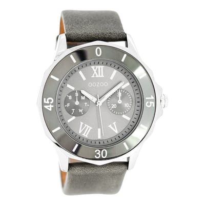 OOZOO Timepieces - Zilverkleurige horloge met grijze leren band - C6258