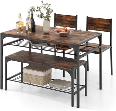 Eettafel met stoelen - Keukentafel set - Samen eten - Met opbergplanken - 4 personen - Rustiek bruin