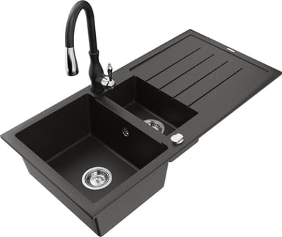 Mexen Andres granieten spoelbak 1,5-komers met afdruiprek en keukenmengkraan Savita, zwart/goud metallic - 6515-75-672601-70
