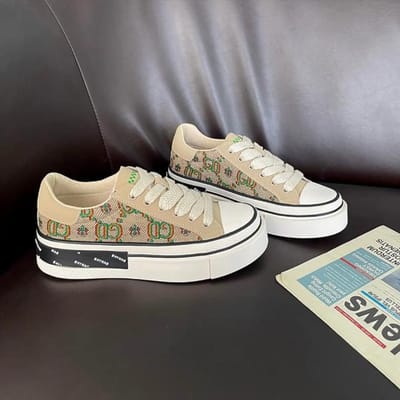 Chaussures de luxe lettres brodées toile chaussures simples femmes classique à lacets bout rond baskets décontractées femmes Designe 35 kaki