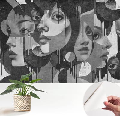 Wallfluent Zelfklevend Behang - Vrouwengezichten Zelfklevend fotobehang - 152x104 cm - Zwart-wit Zelfklevend Behang - Peel-and-stick techniek - Voor de woonkamer, voor het kantoor, voor de slaapkamer Zelfklevend Behang
