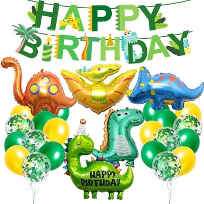 verjaardagsdecoratieset, enorme dinosaurusballon met Happy Birthday-banner, jungle-thema, ballonnen groen geel voor jongens en kinderen