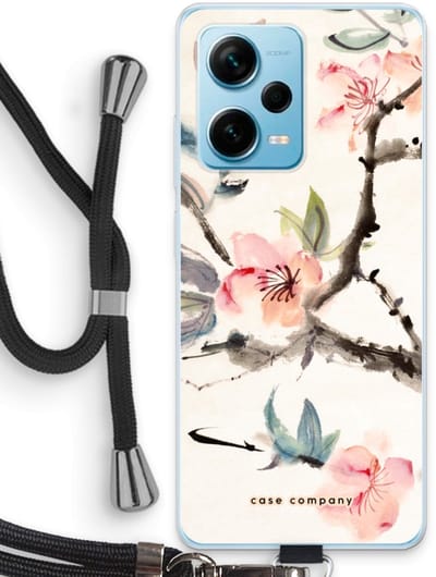 Case Company® - Hoesje met koord geschikt voor Xiaomi Redmi Note 12 Pro Plus hoesje met Koord - Japanse bloemen - Telefoonhoesje met Zwart Koord - Bescherming aan alle Kanten en Over de Schermrand