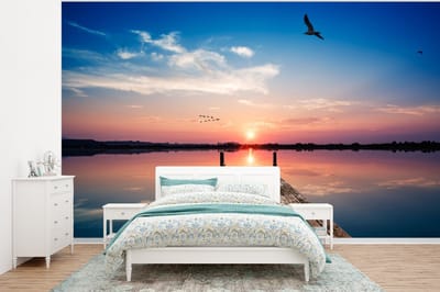 Behang - Fotobehang Steiger - Water - Zonsondergang - Roze - Horizon - Breedte 375 cm x hoogte 280 cm