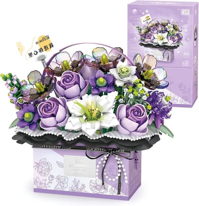Bloem Bouwstenen - Rozen Model Speelgoed - Decoratie Maken - Met Lichtstrip - 26 x 16.5 x 24 cm - Paars