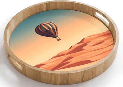 Dienblad rond 40x40 cm - Schootdienblad hout - Luchtballon - Woestijn - Zonsondergang - Blauw - Borrelplank rechthoek - Plateau houten dienbladen