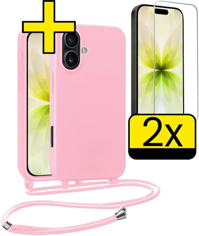Hoesje Geschikt voor iPhone 17 Hoesje Met Koord Met 2x Screenprotector Siliconen Case - Hoes Geschikt voor iPhone 17 Backcover Met Afneembaar Koord - Lichtroze