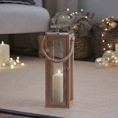 Grote Houten Decoratieve Lantaarn met LED Kaars en Touwhandvat - 34 cm