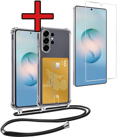 Hoesje Geschikt voor Samsung S26 Ultra Hoesje Met Telefoonkoord en Pasjeshouder Met Screenprotector Siliconen - Hoes Geschikt voor Samsung Galaxy S26 Ultra Hoesje Met Kaarthouder Shock Proof Case - Transparant