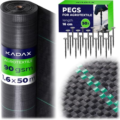 KADAX onkruiddoek 80 m², 90 g/m², tuinfolie van polypropyleen, onkruiddoek, waterdoorlatend onkruiddoek, plantendoek met 50 grondpennen (zwart)