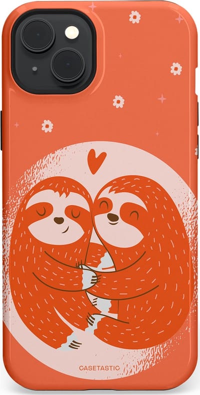 Casetastic Hoesje Geschikt voor Apple iPhone 15 Plus Magsafe - Stijlvolle Beschermende Duo-layer Case - Oranje Pastel Roze Liefdes Koppel Luiaard