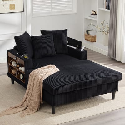 HAUSS SPOLE Chaise Longue - Loungesofa Met Led, Usb, Opbergruimte En Bekerhouders - Voor Woonkamer En Balkon - Corduroy Zwart