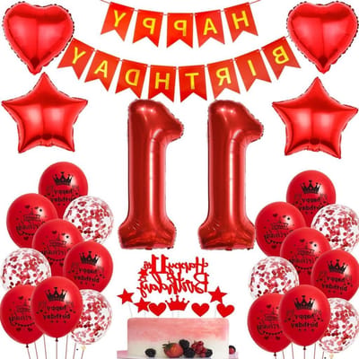 Feestelijke 11e Verjaardag Versiering voor Meisjes met Rode Folie Ballonnen en Taartdecoraties
