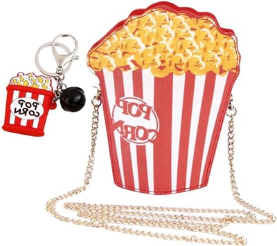 Creatieve schoudertas met popcorn ontwerp en sleutelhanger, unieke en mooie tas in rood, maat M, perfect voor dagelijks gebruik.