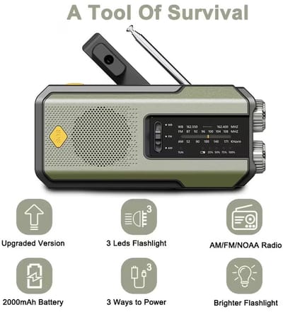 Groene Noodradio met Zonnepaneel & Handzwengel – Zaklamp, Leeslamp, SOS-alarm & Powerbank