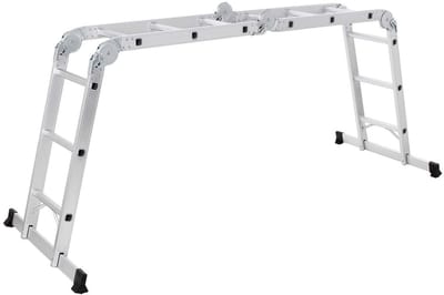 Multifunctionele aluminium ladder, opvouwbare ladder met 2 metalen platen en 12 treden, draagvermogen tot 150 kg, grote scharnieren verstevigd met veiligheidsslot, treden met antislipgroeven, 6 x 79,5 x 350 cm, zilverkleurig.