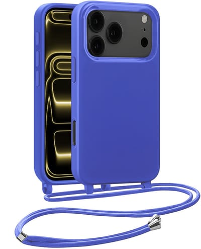 Hoesje Geschikt voor iPhone 17 Pro Hoesje Met Koord Siliconen Case - Hoes Geschikt voor iPhone 17 Pro Backcover Met Afneembaar Koord - Felblauw