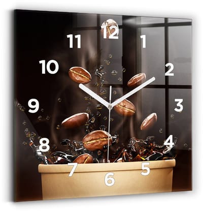 Wallfluent Wandklok - Hete koffie Unieke Wandklok - 30 cm x 30 cm - Bruin Wandklok - Witte Handen - Wandklok Met Cijfers - Wandklok voor in de Keuken - Vierkante Glazen Klok - Industrieel Wandklok - Unieke Wandklok