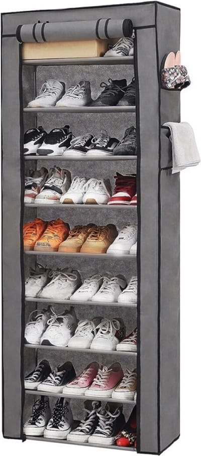 Concorde Mobiele schoenenkast/opbergkast met 9 leg niveaus - opvouwbaar - grijs - 58 x 30 x 158 cm