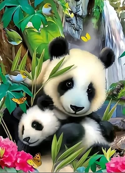 Panda's bij waterval 40x50 - Diamond painting - compleet pakket - volledig beplakt - ronde steentjes