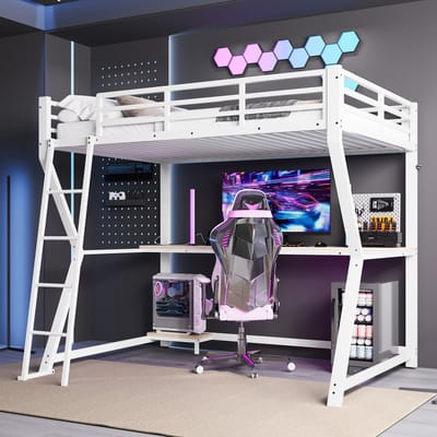 Hoogslaper - 90x200cm - met LED-verlichting - plank computerconsole - bureau - USB-aansluiting- zonder matras - wit