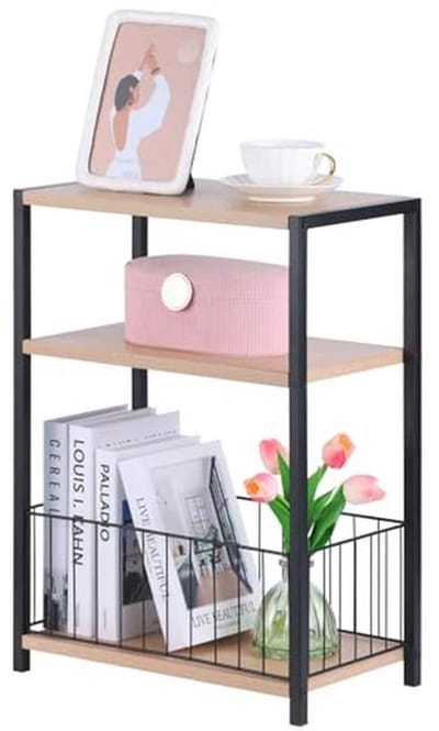 Smal Bijzettafel met Opbergvak - 3-traps Salontafel voor Woonkamer, Slaapkamer en Werkkamer - Natuurbeige