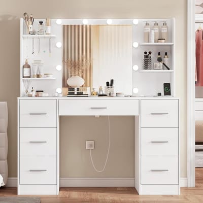 Grote Kaptafel met Verstelbare LED Verlichting en Stopcontacten - Make-up Tafel met Spiegel, 7 Lades en Sieradenhaken voor de Slaapkamer - Wit