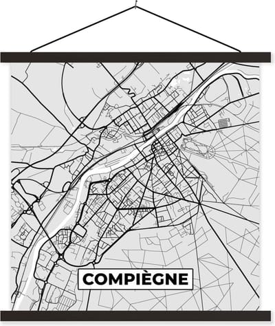 Posterhanger incl. Poster 60x60 cm - Schoolplaat - Kaart - Stadskaart - Frankrijk - Compiègne - Plattegrond - Textielposter - Zwarte latten - Stadskaart