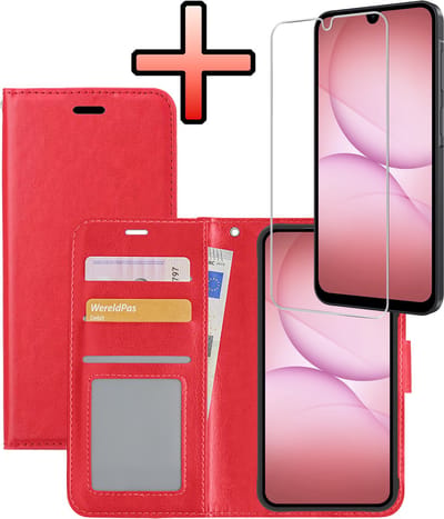 Hoes Geschikt voor Samsung A17 Hoesje Book Case Hoes Flip Cover Wallet Bookcase Met 2x Screenprotector - Rosé goud