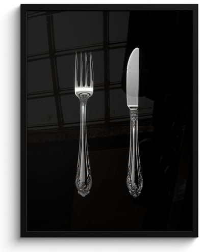 Poster in lijst - Fotolijst 50x70 cm - Posters - Vork - Mes - Zilver - Posterlijst zwart - Decoratie - Wanddecoratie woonkamer - Muurdecoratie slaapkamer