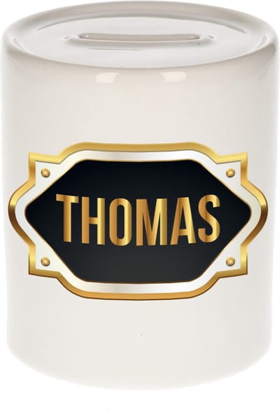 Spaarpot met voornaam Thomas - wit - met goud/zwart embleem - 8 x 9 cm - keramiek - met afsluitdop - cadeau verjaardag