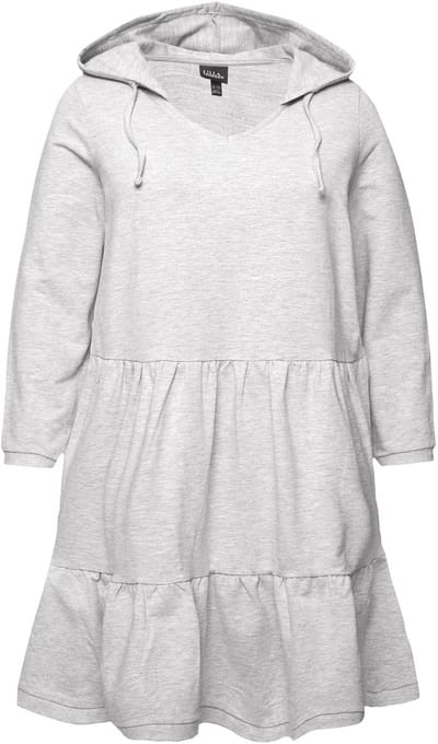 Ulla Popken - Dames - Sweatjurk capuchon A-lijn V-hals lange mouwen - Lichtgrijs melange - Maat 46+