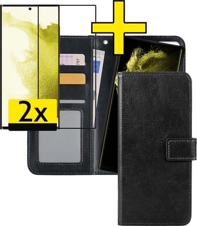 Hoesje - 2 in 1 - Geschikt voor Samsung Galaxy S22 Ultra - Met 2x Screenprotector - En Uitneembare Hard Cover - Bookcase - Wallet Case - Met Pasjeshouder - Book Case - Uitneembaar - Pashouder - Kunstleer - Telefoonhoesjes - Zwart