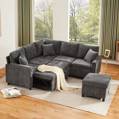 REDOM - Hoekbank Met Slaapfunctie En Opberghocker - Met Leeslamp En Tafelblad Met Bekerhouders - Chenille - Grijs - 205 x 205 x 85 cm